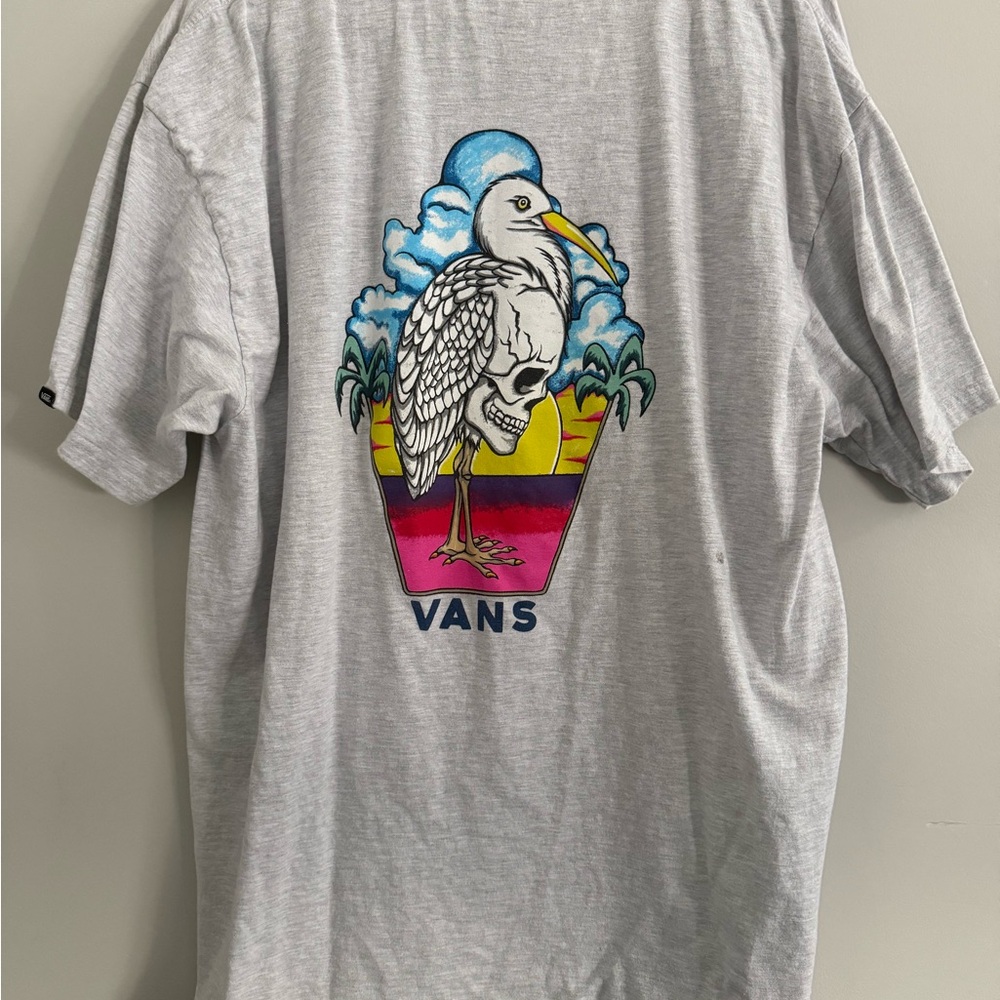 Vans Light Gray Tee with Multicolor Seagull Skull Graphic